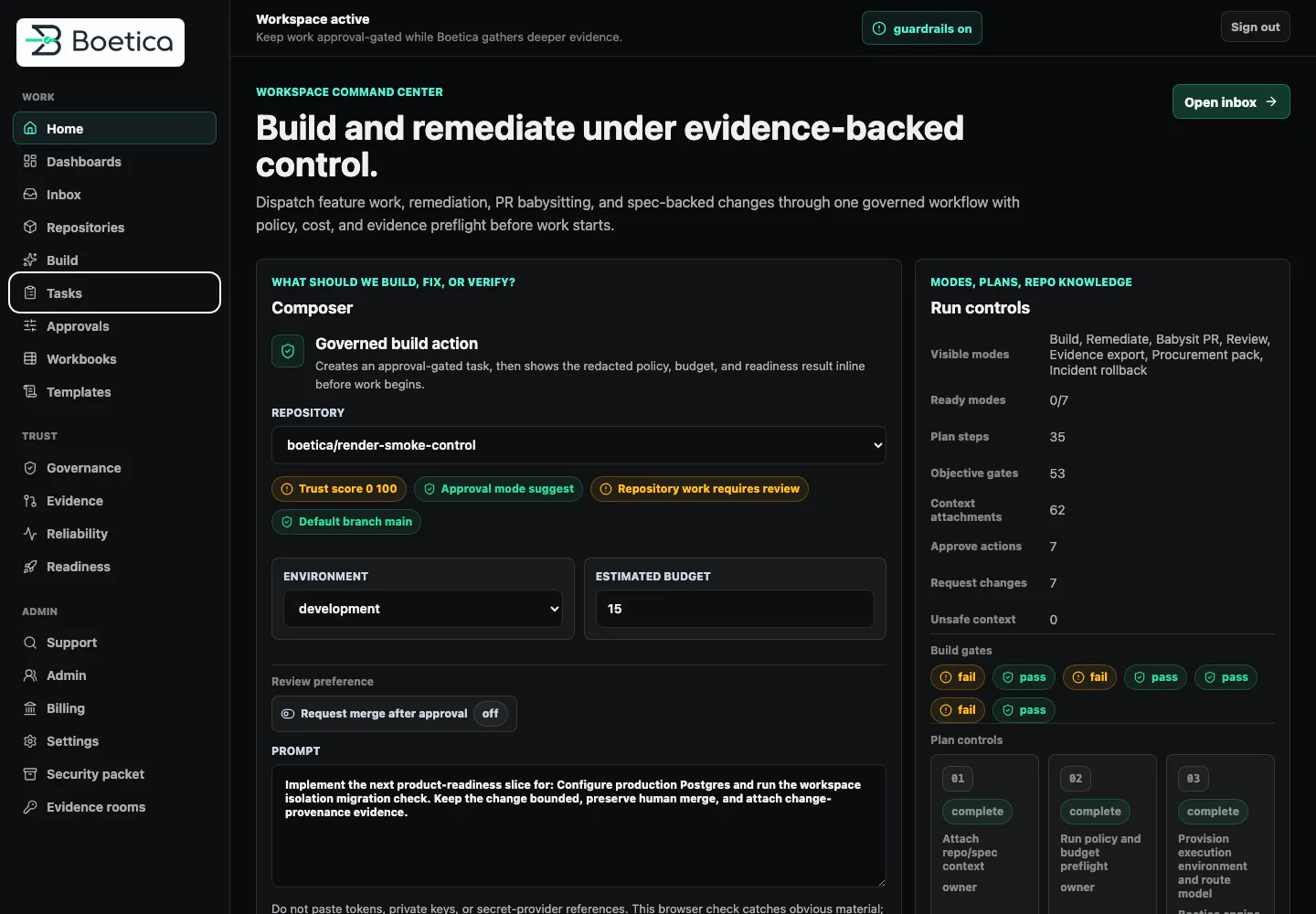 Boetica workspace command center: a composer for build and remediation work with model, approval, budget, and repo controls, alongside live run metrics.