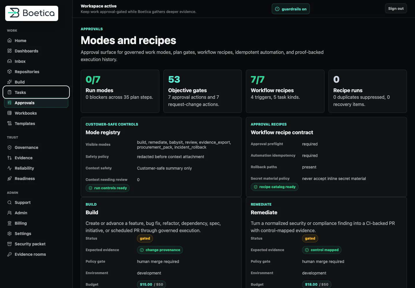 Boetica approvals surface: run modes, objective gates, and workflow recipes behind approval-gated build and remediate controls.